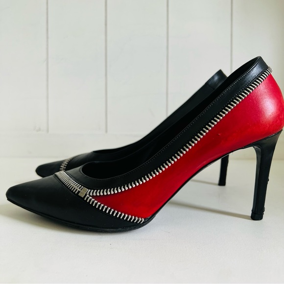 Saint Laurent Black/Red Leather Zipper Pointed Toe Pumps Size 38.5